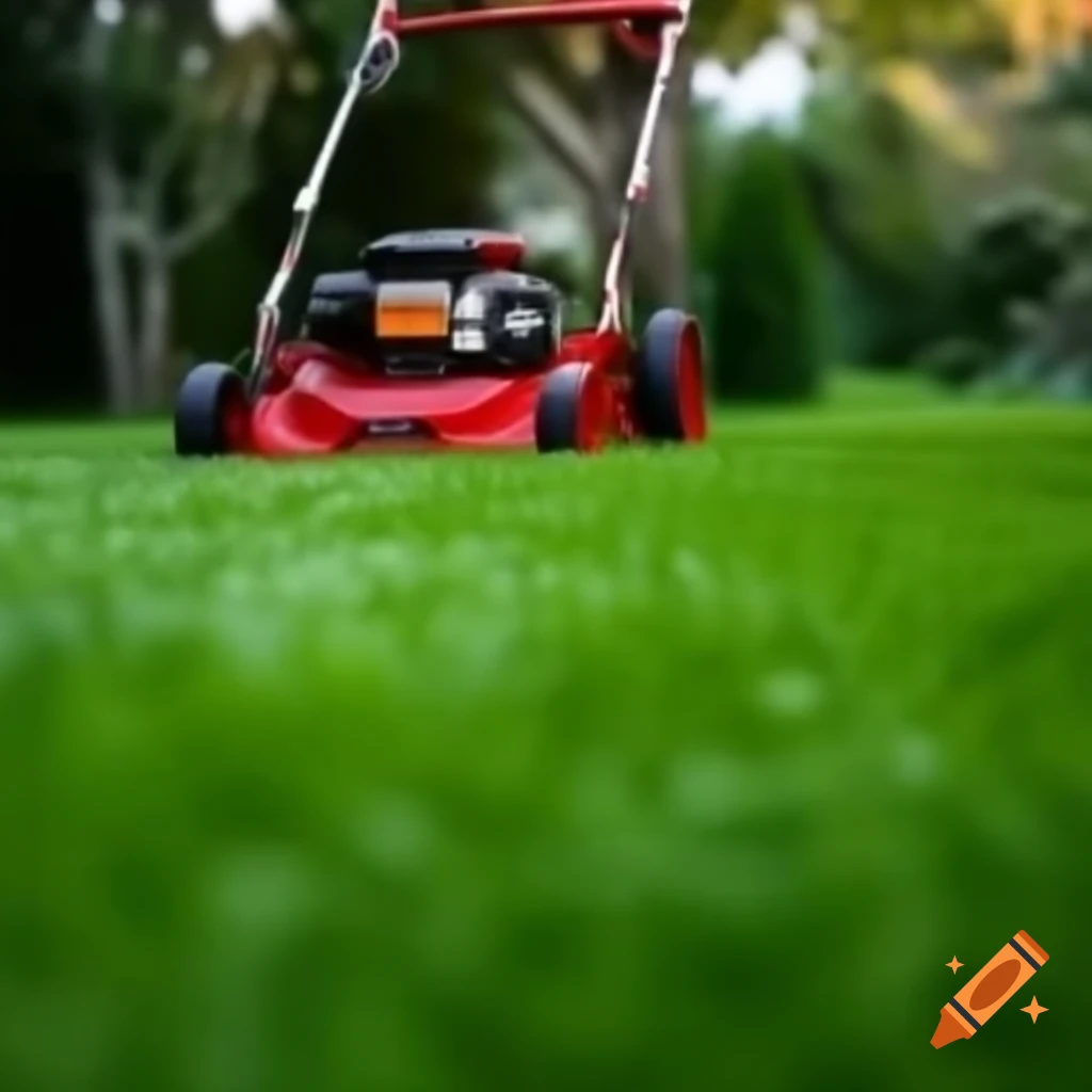 Child mowing bright green lawn with red lawn mower