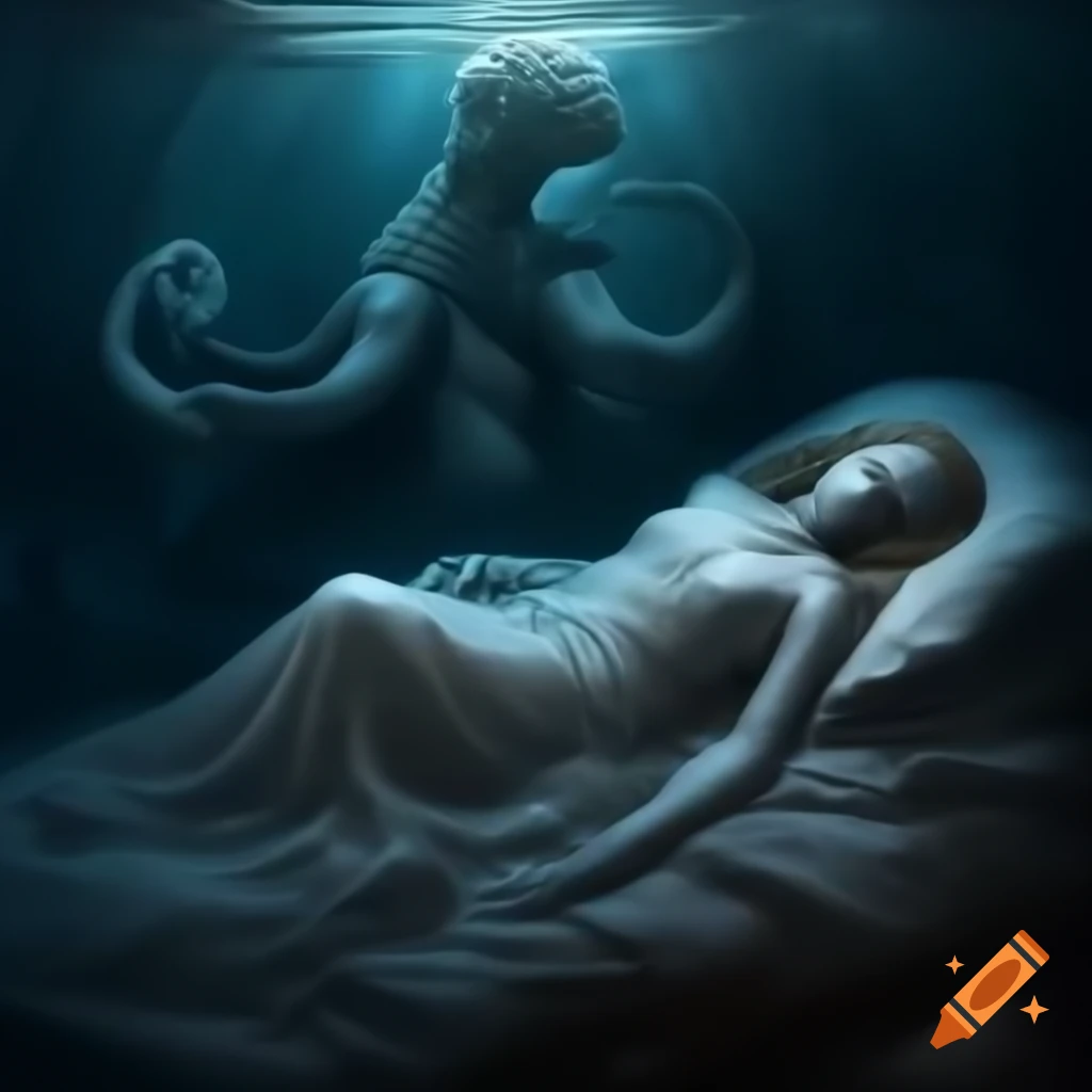 Ethereal realm with slumbering sea and legendary beings