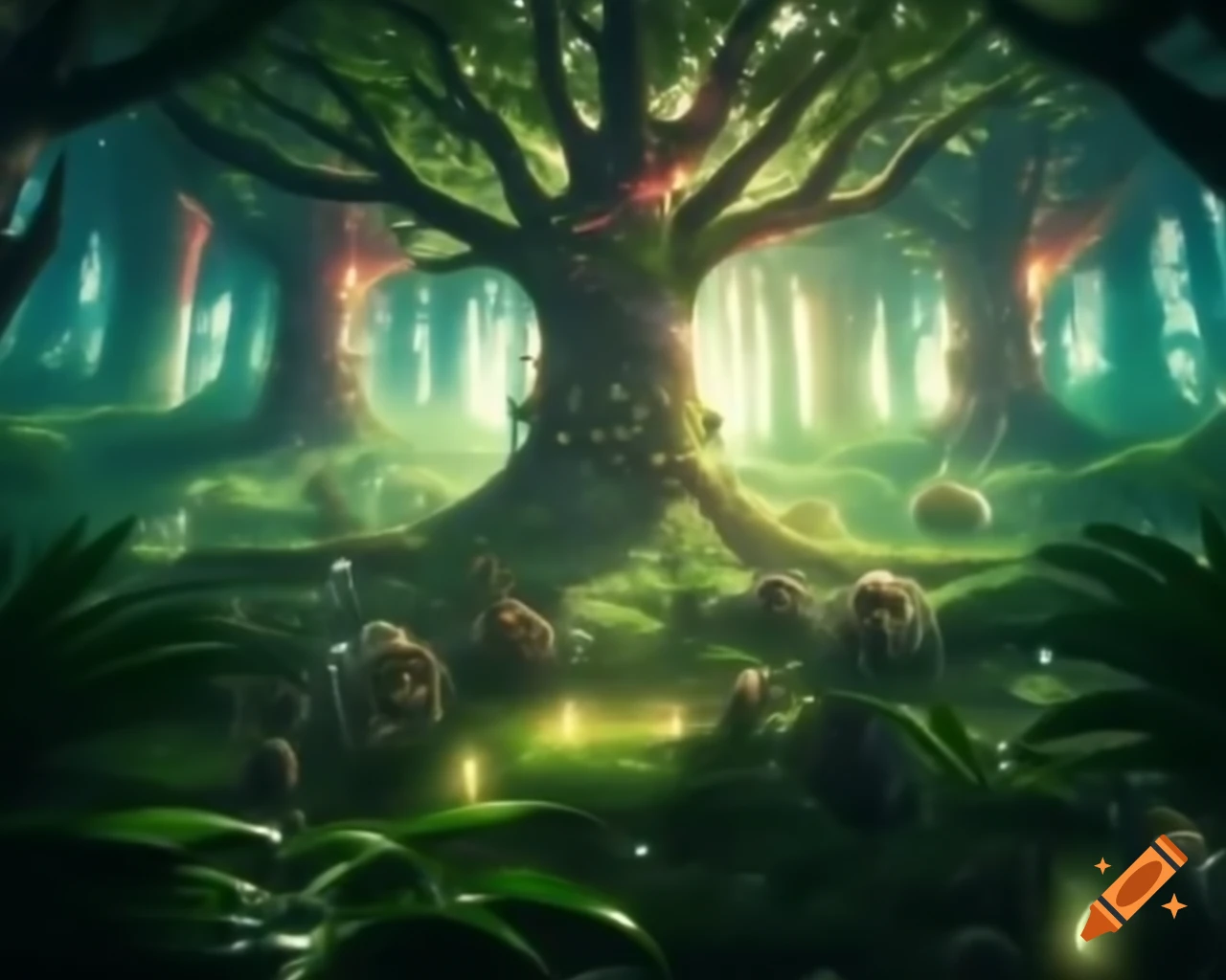 Dense forest with towering trees and vibrant plants reaching for sunlight
