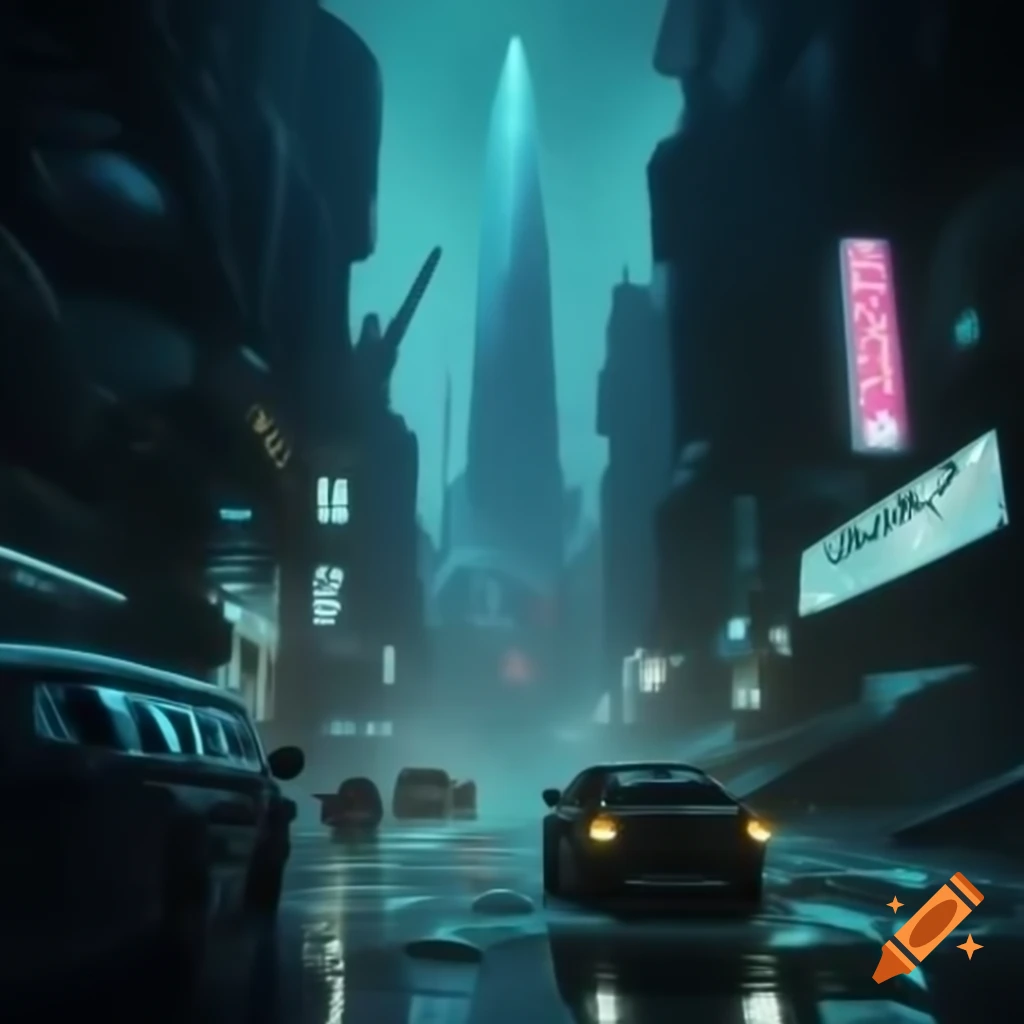 Futuristic metropolis with neon lights and towering skyscrapers