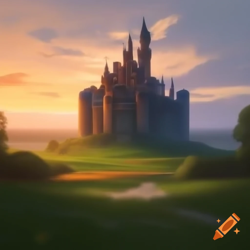 Stark castle in a meadow at dusk with orange and navy colors