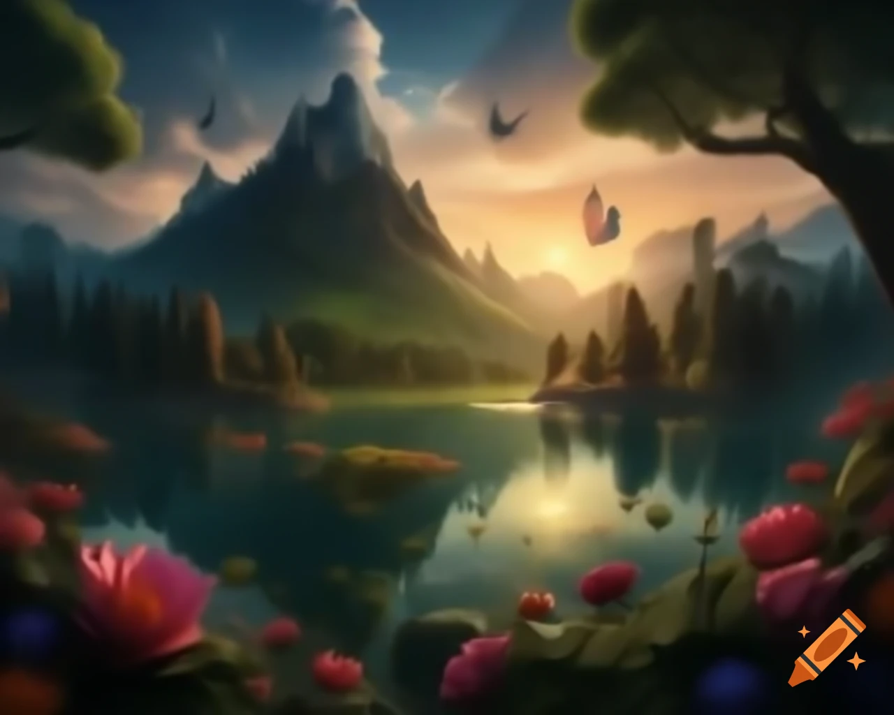 Surreal floral woman's face at mountain lake surrounded by old growth trees