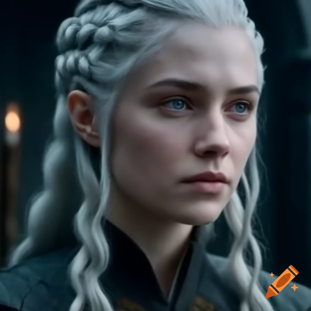 Viserra Targaryen with silver hair and violet eyes observing from castle ramparts