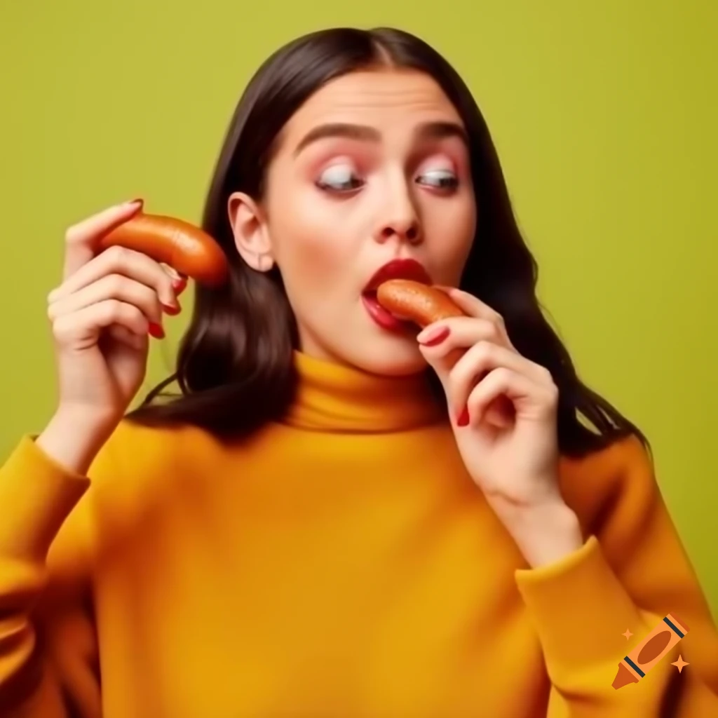 Olivia rodrigo savoring a sausage with mustard, eyes closed in delight ...