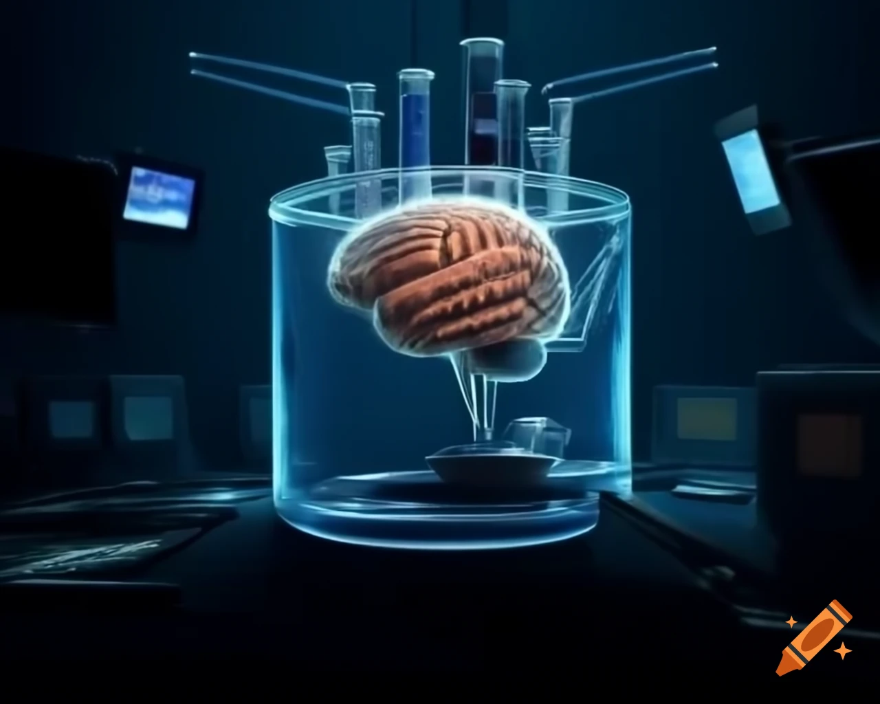 Brain in tank controlling military forces in war games simulation