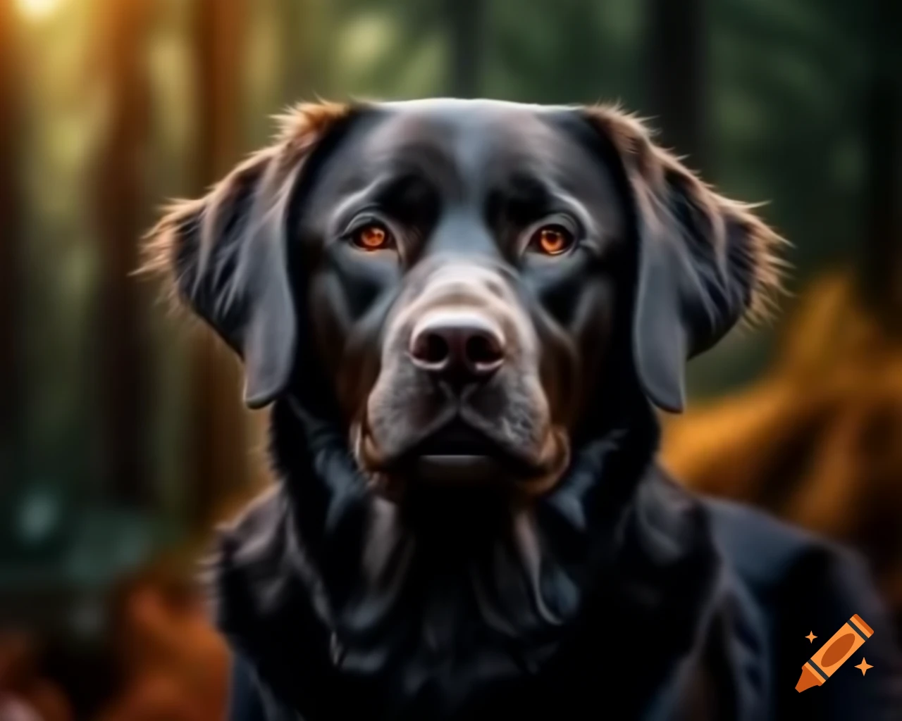 Hyperrealistic black Labrador Retriever in forest with dark brown eyes