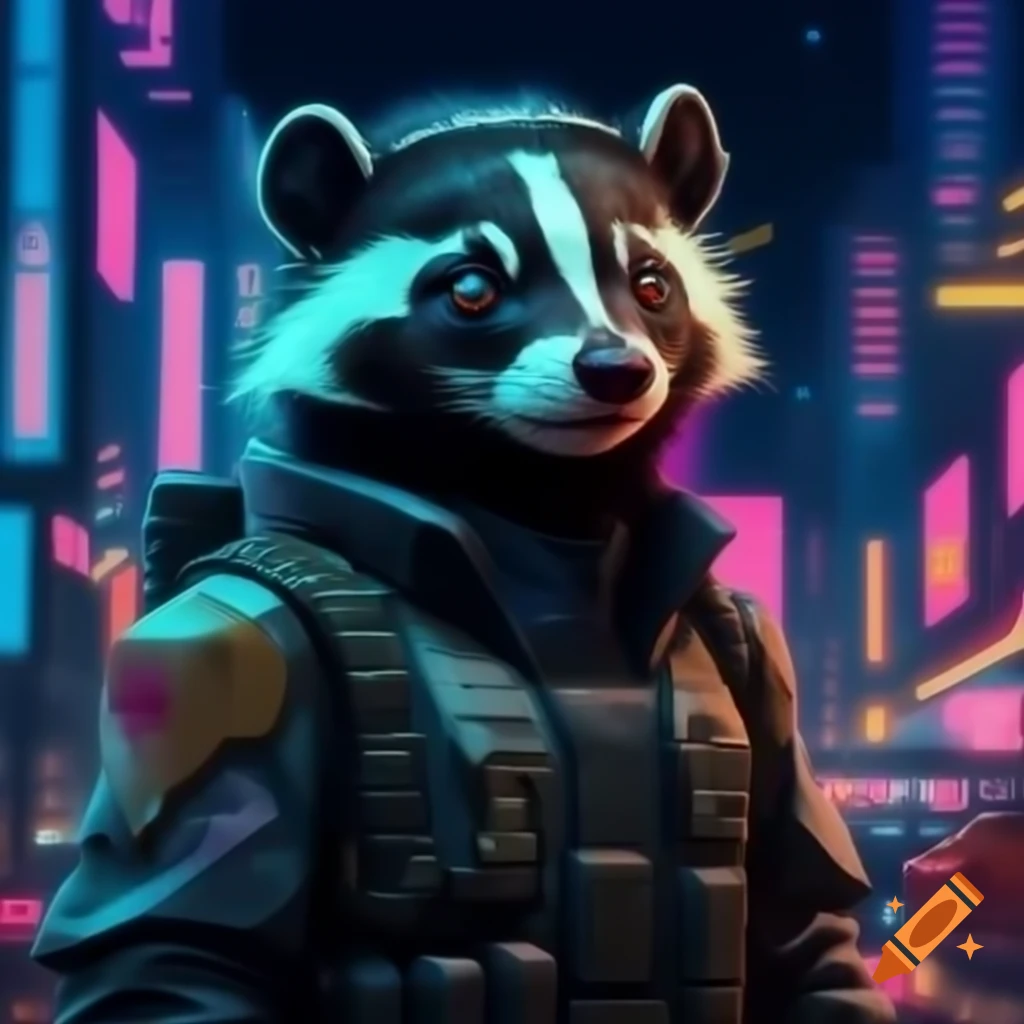 Spotted skunk in cyberpunk dystopia with military uniform in neon midnight city