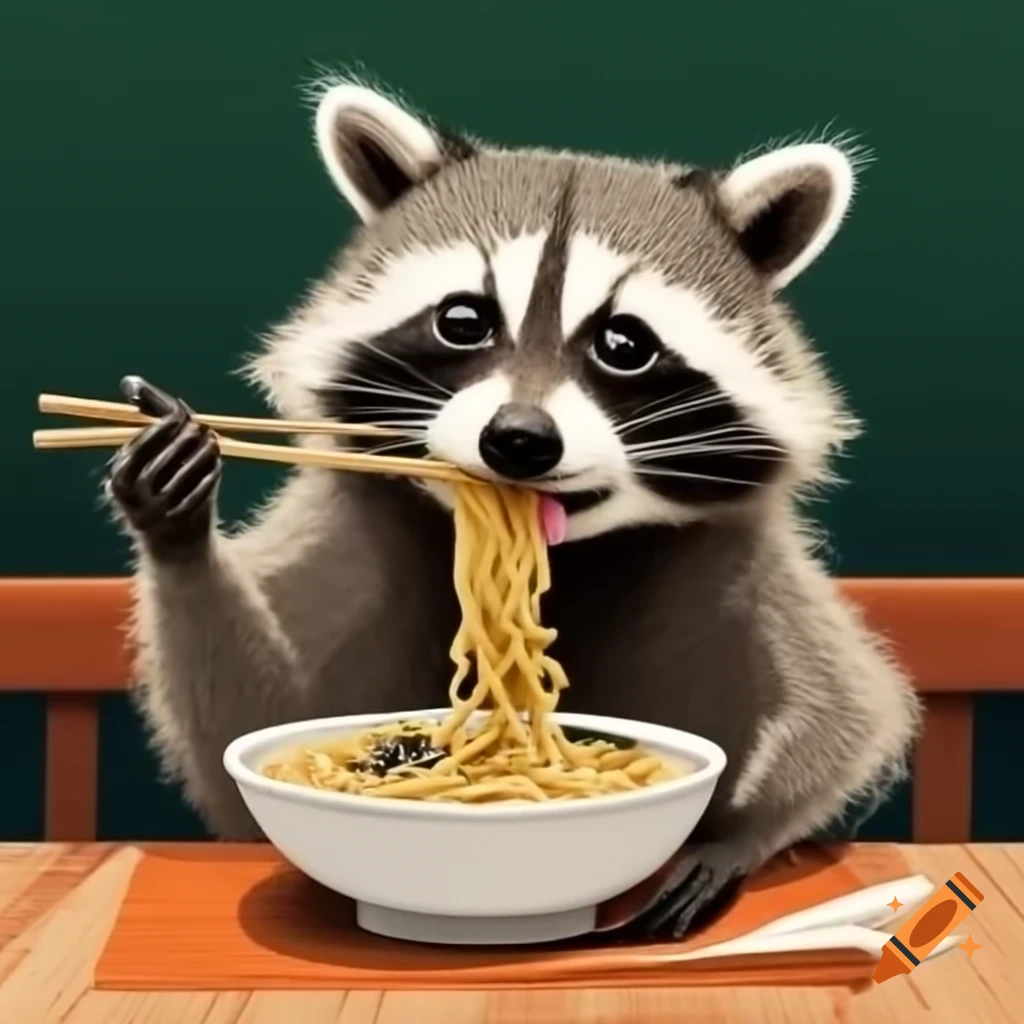Raccoon enjoying a bowl of ramen