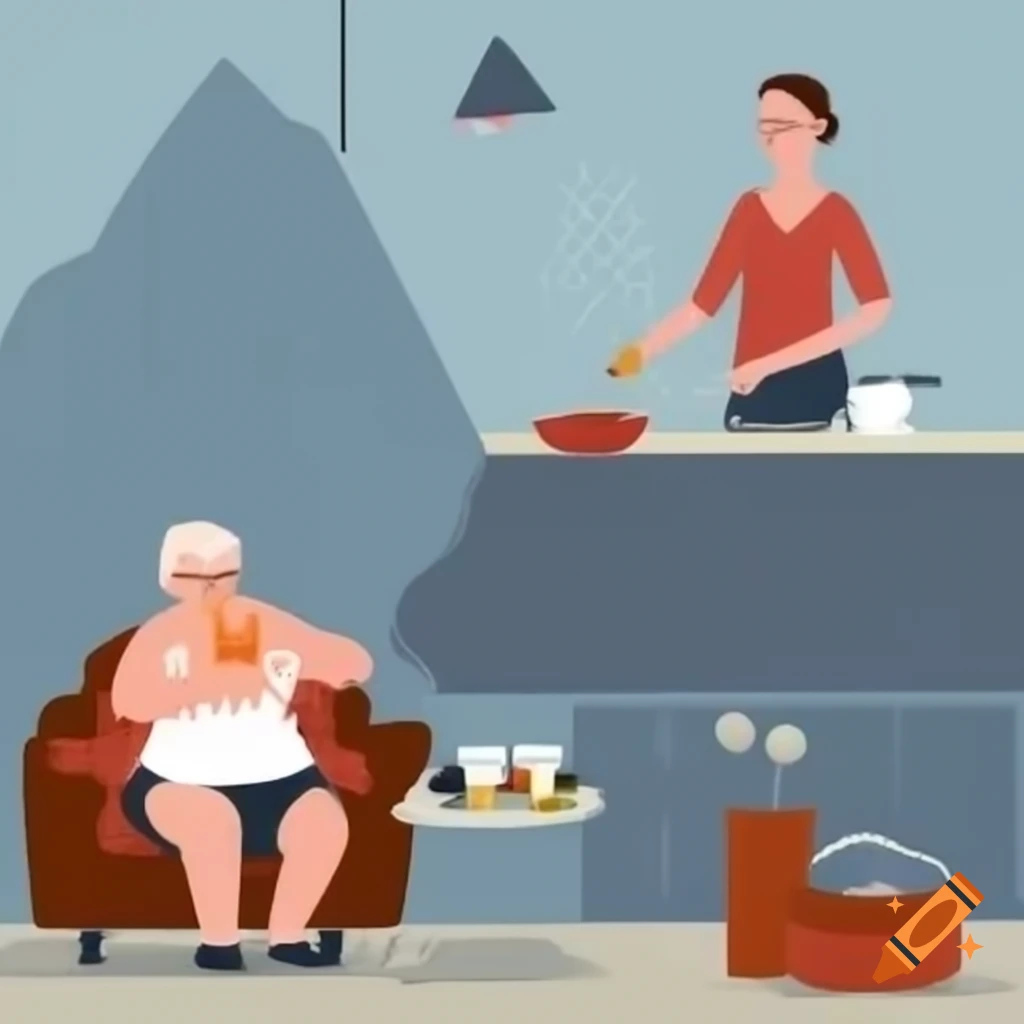 Mountain of unwashed dishes in sink contrasting with husband relaxing on couch