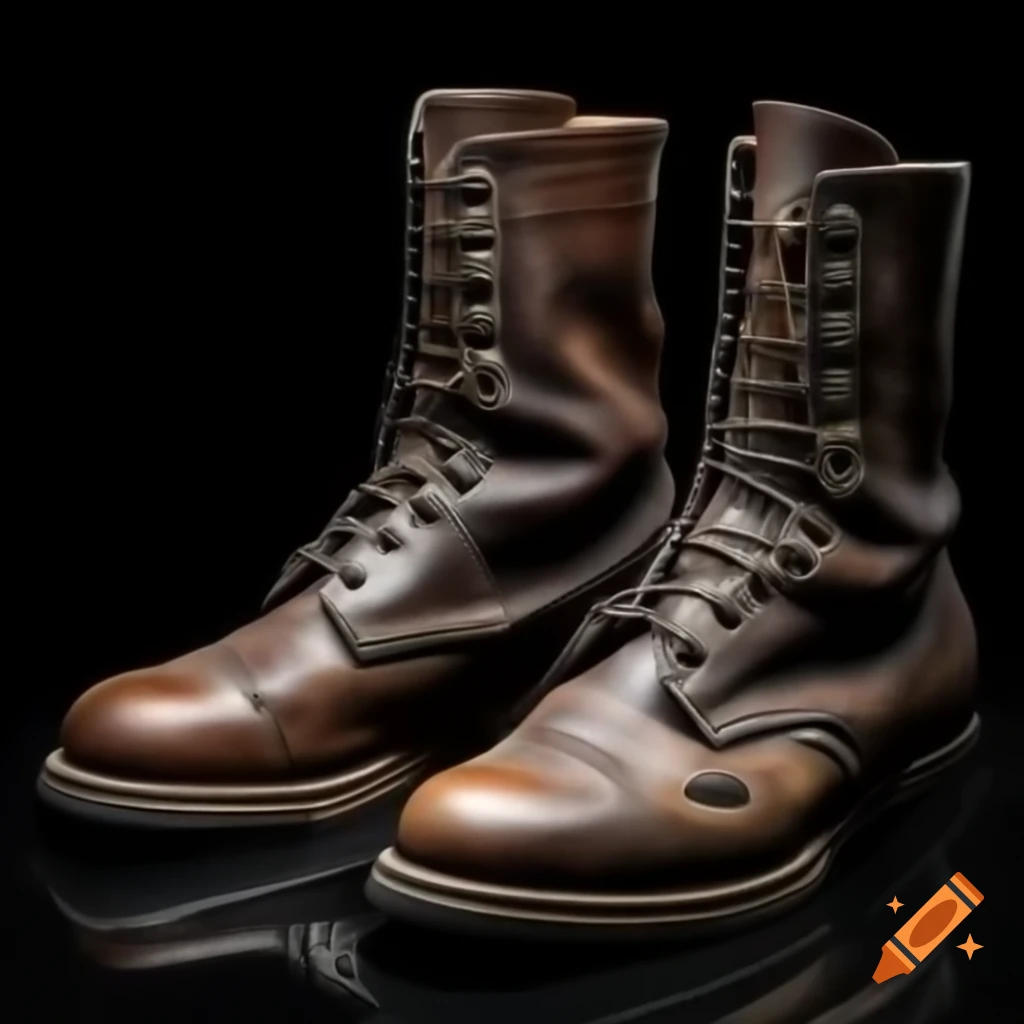 Worn-out dark leather boots with scuffed metal reinforcements and glowing runes