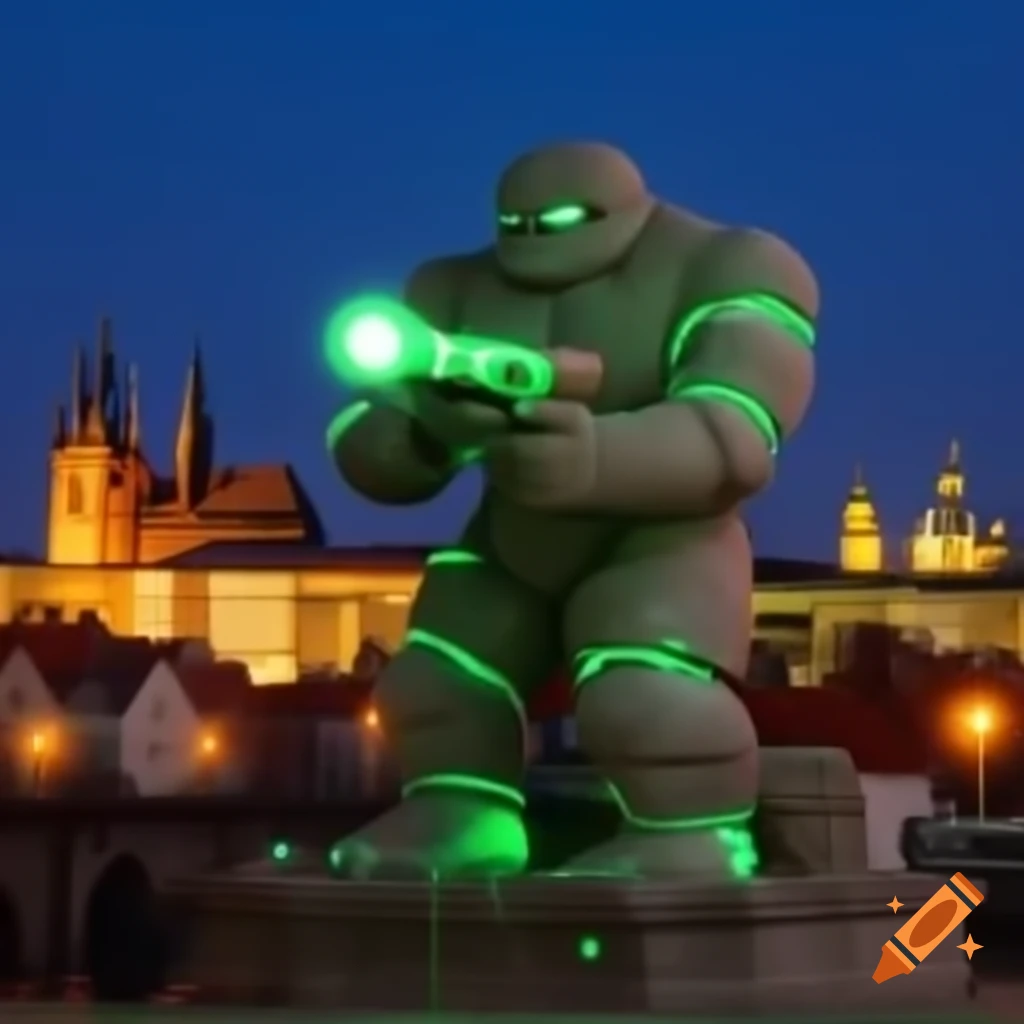 Whimsical stone golem statue with laser cannon in Prague