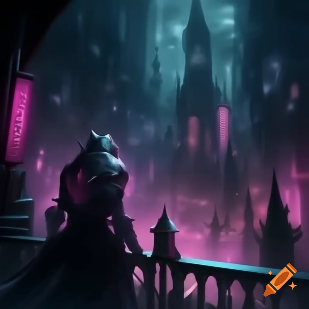 Gothic futuristic cityscape in raypunk universe, featuring towering spires