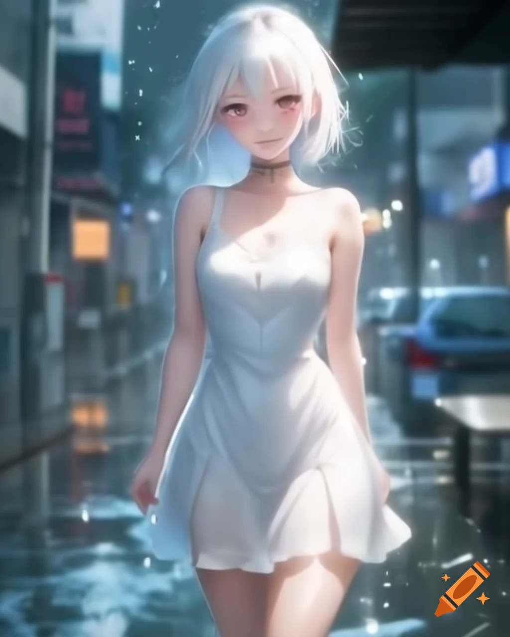 Anime character with white hair in a white dress on a rainy day, realistic style