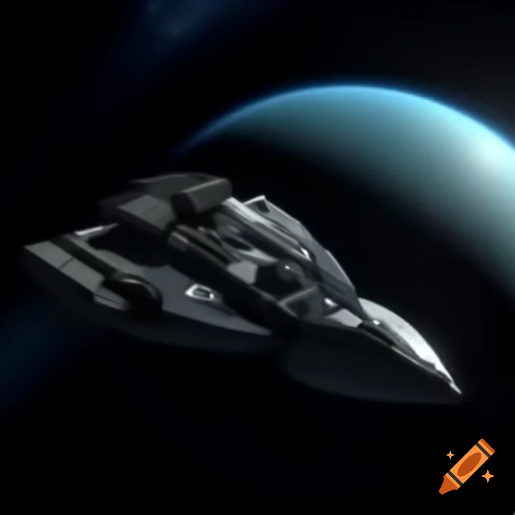 Futuristic spaceship orbiting Uranus