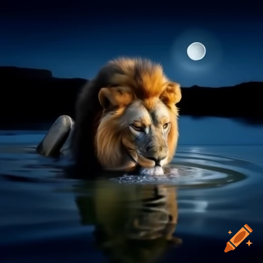 Lion drinking water at night with shadow reflected in water