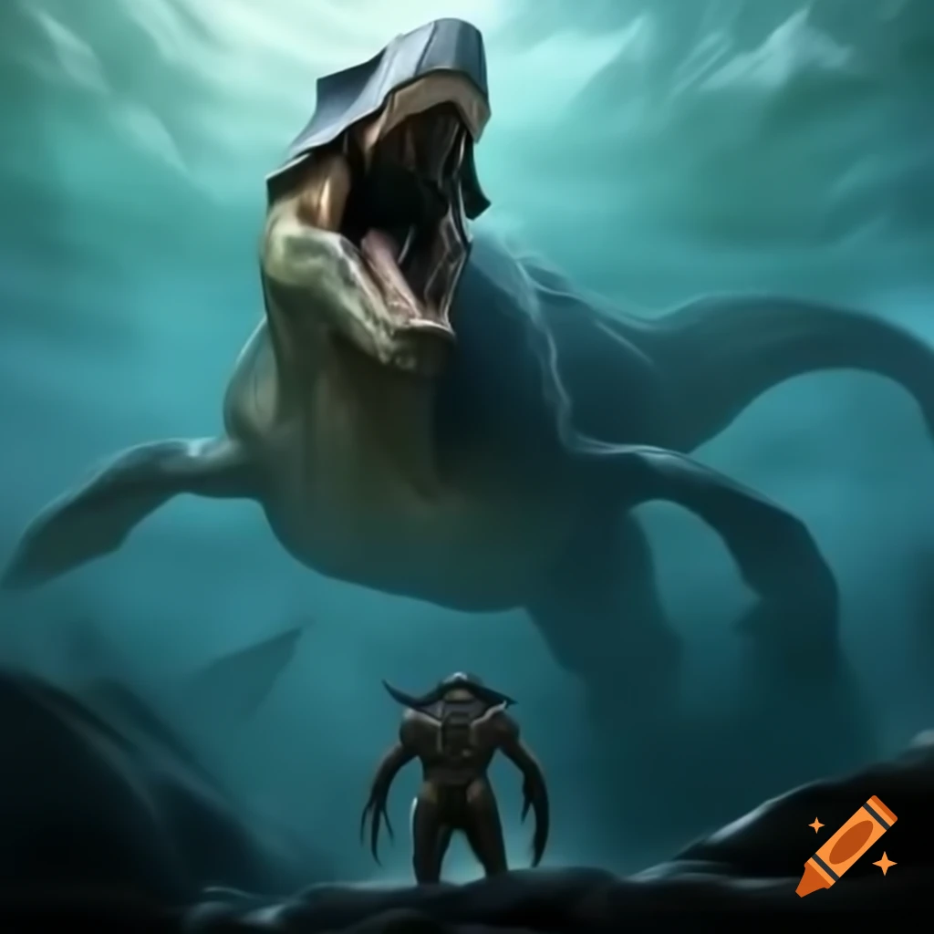 Massive predator resembling a Tyrannosaurus with shark-like skin