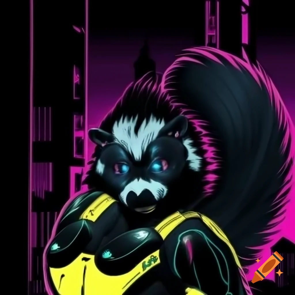Realistic skunk in futuristic jacket with LEDs in neon dystopian city