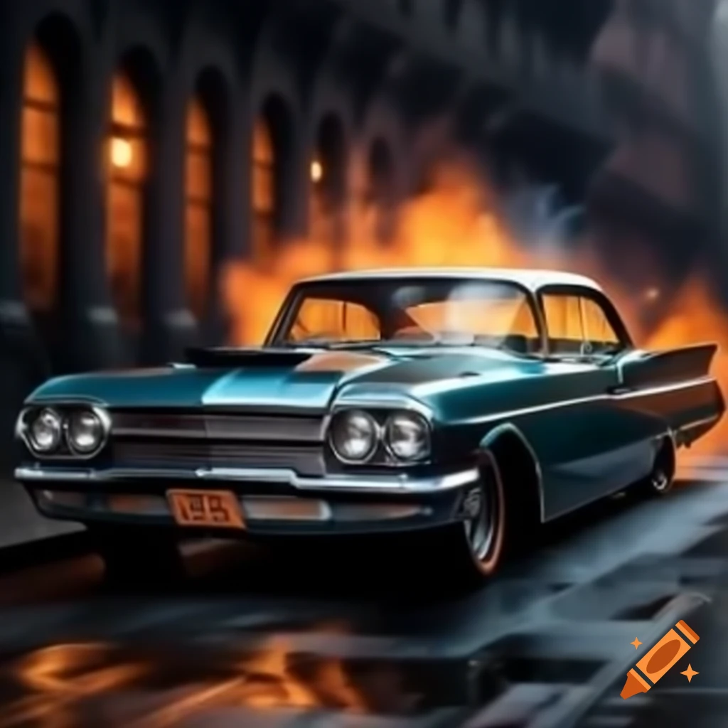 1959 Impala muscle car doing a burnout in New York City at night
