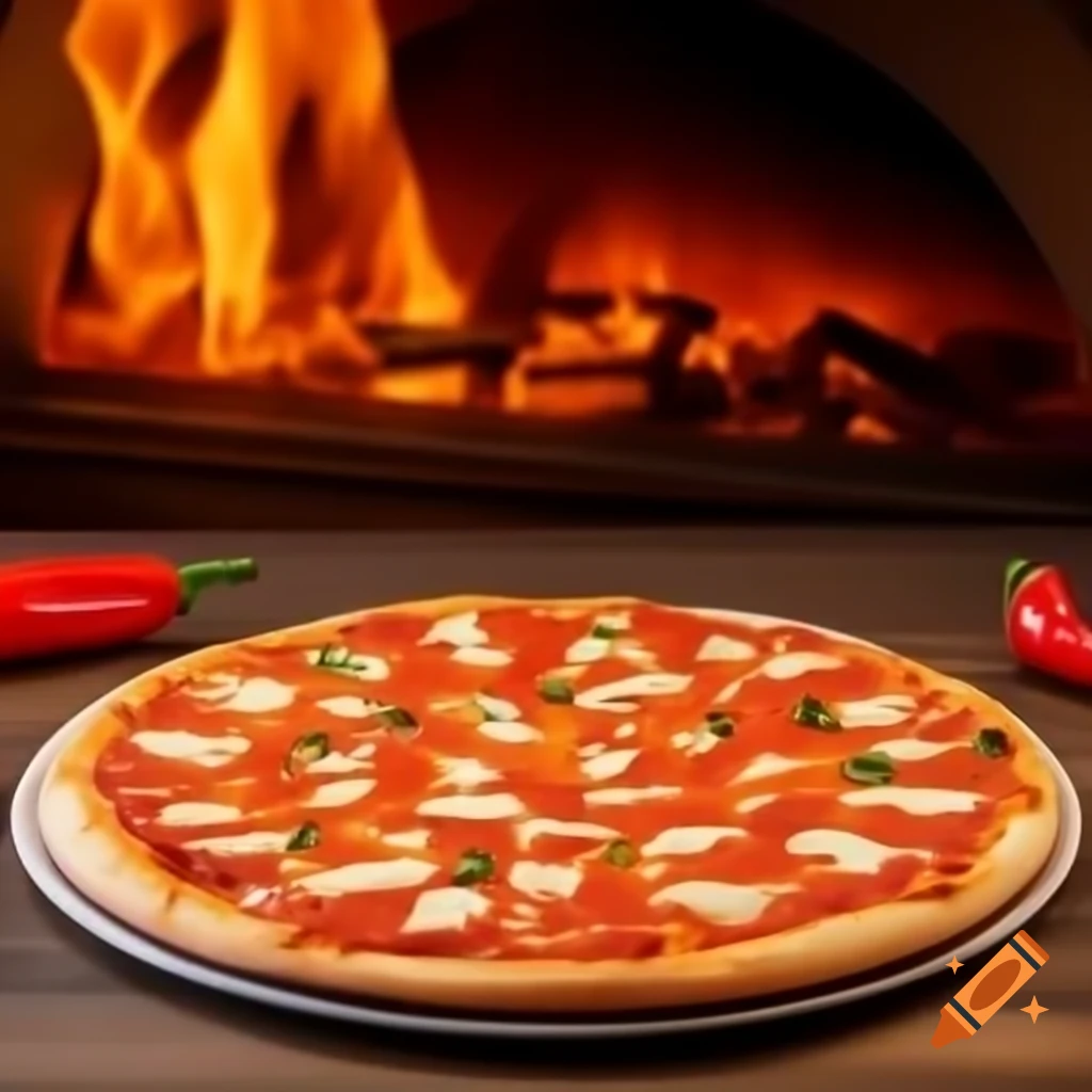 Spicy pizza on table with hot pepper and flames background