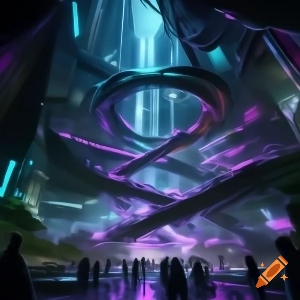 Futuristic metropolis illuminated by neon lights with glass structures and deep shadows