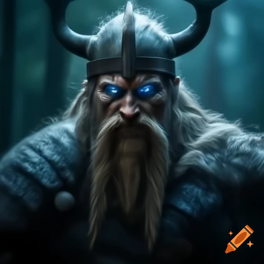 Viking with glowing blue eyes in rainy forest with blue lighting