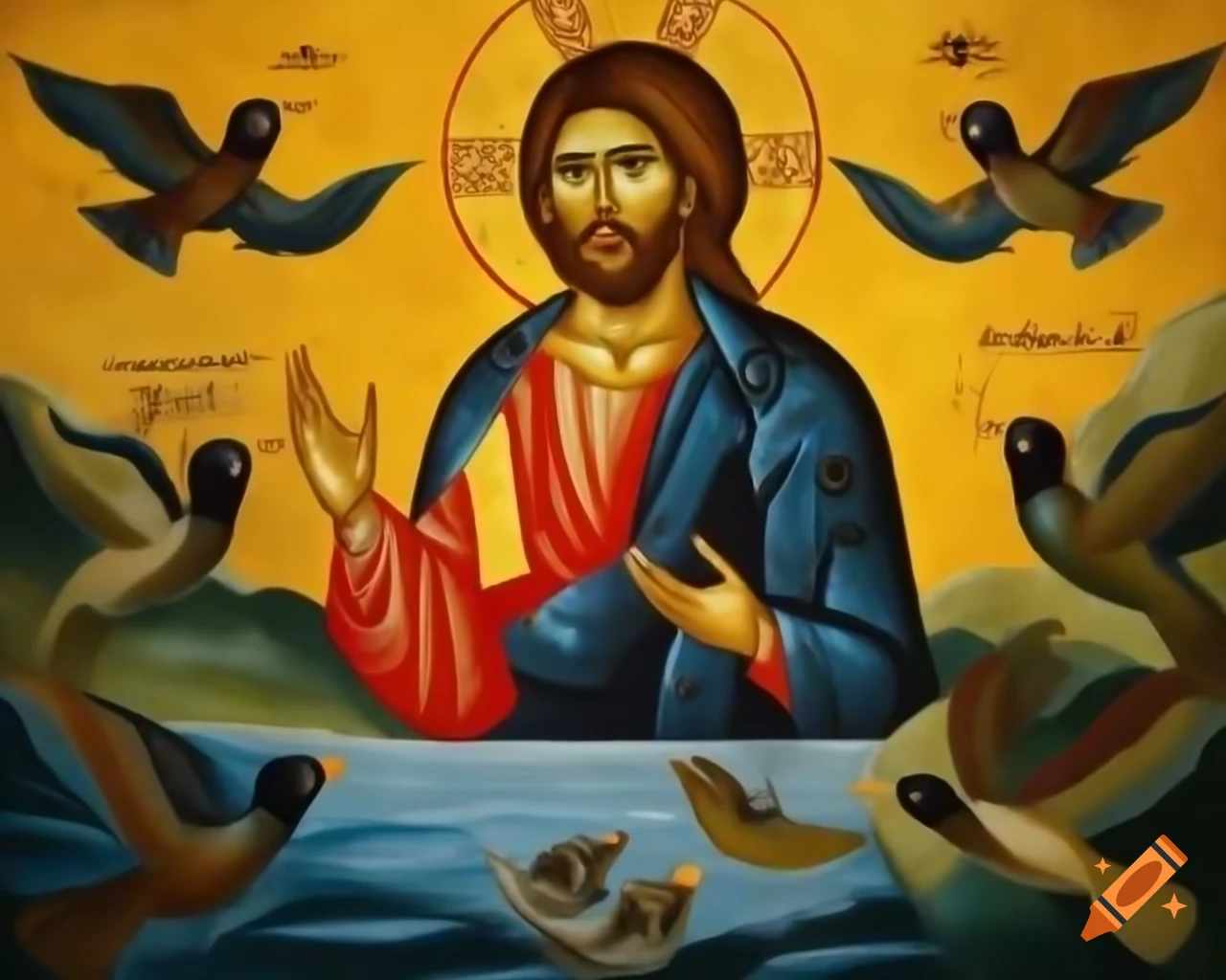Byzantine icon of Jesus with birds and water, mosaic by Svetoslav Roerich