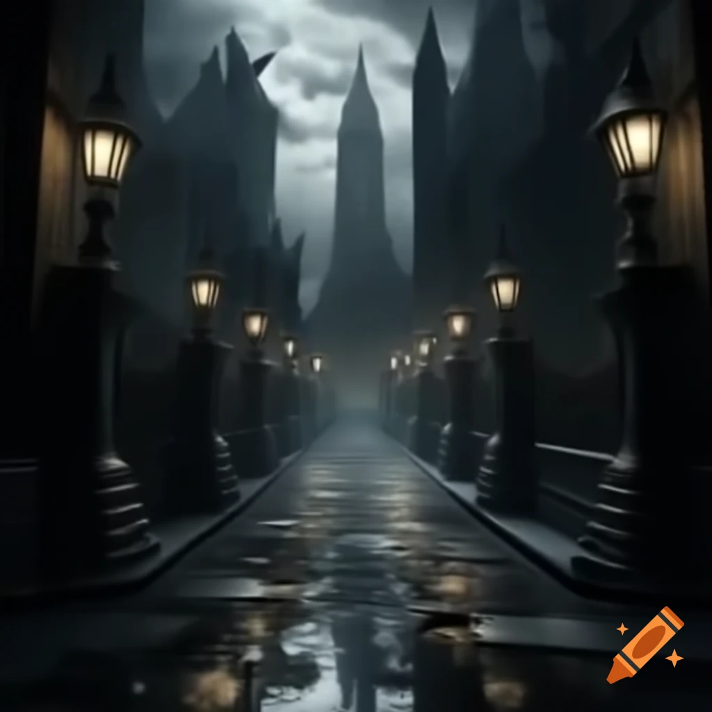 Obsidian City at twilight with jagged skyscrapers and narrow alleyways