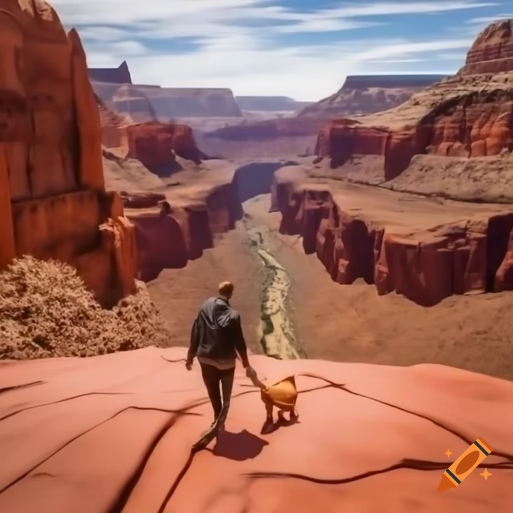 Half human half pet gerbil character walking through the Grand Canyon