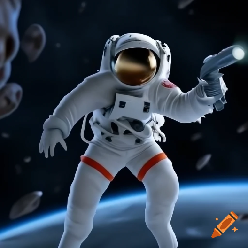 Astronaut wielding a gun confronting aliens