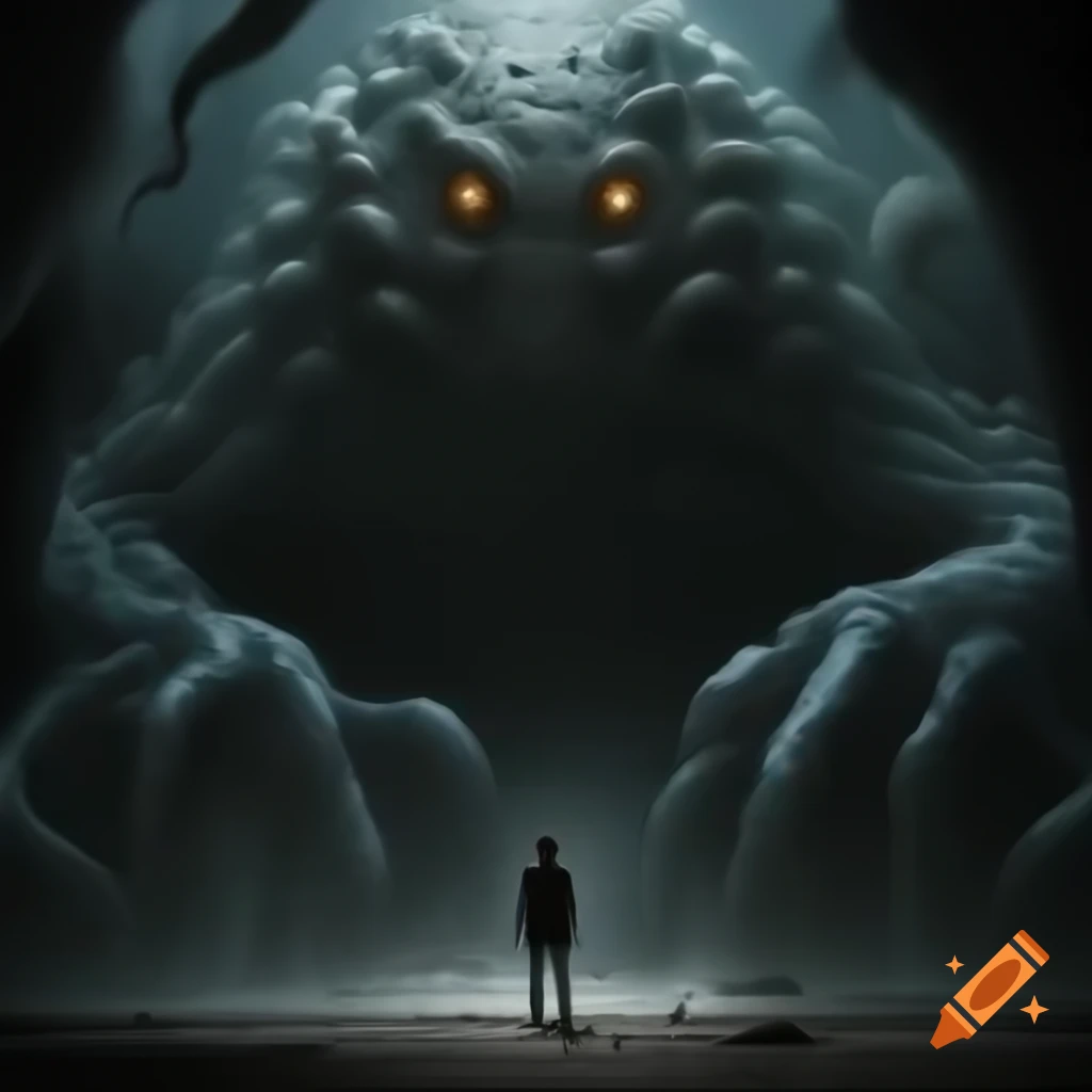 Man in 1970s suit with cloak controlling lovecraftian monster in