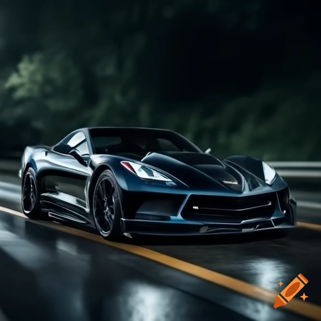 Black Corvette C7 driving on rainy highway at night