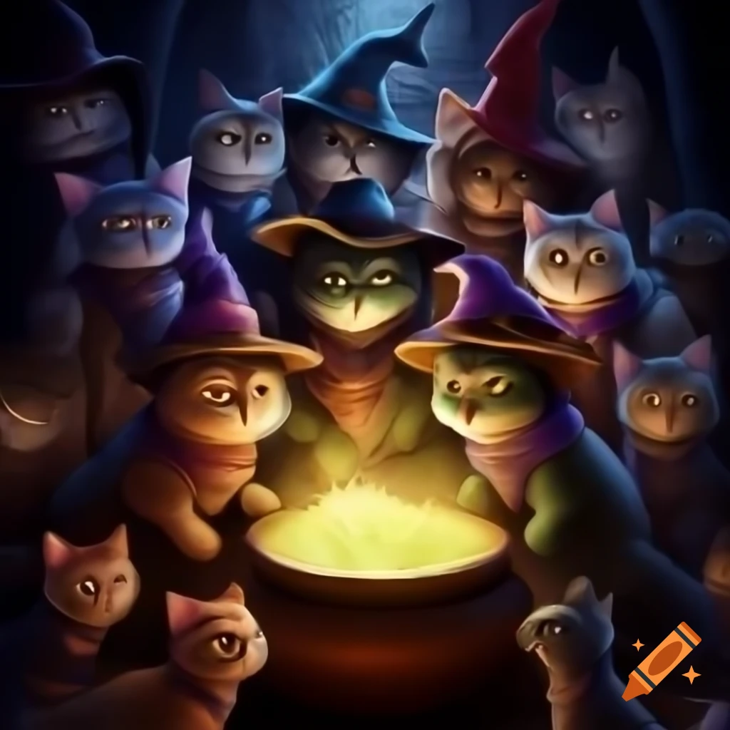 Magical cats in wizard hats around bubbling cauldron in dungeon