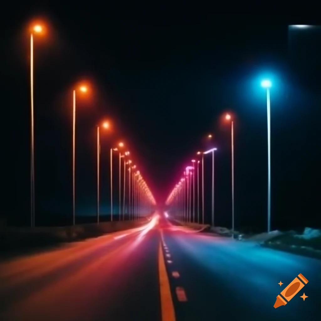 Night road with neon lights along the sides