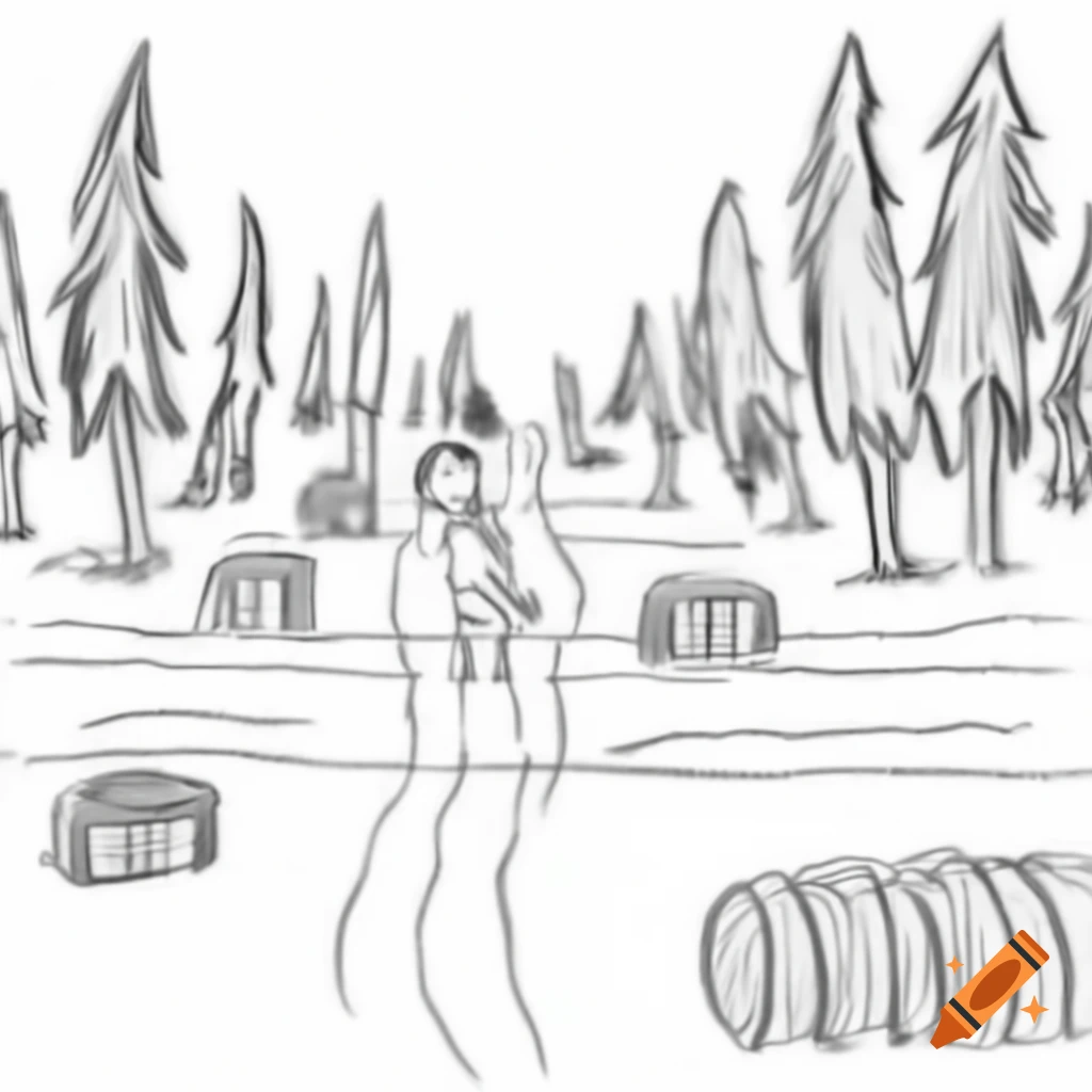 Child-like illustration of a production forest with logs piled in front