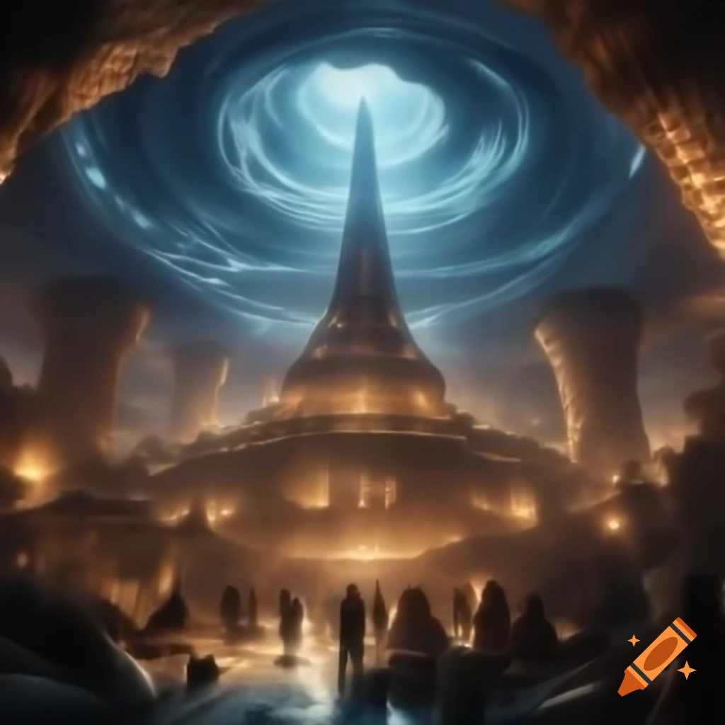 Subterranean metropolis with luminous energy beams and towering structures