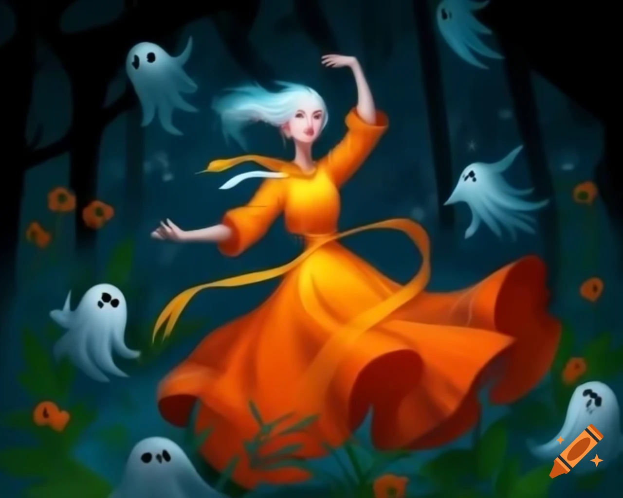 Beautiful woman in orange dress dancing in floral solarpunk setting with spirits