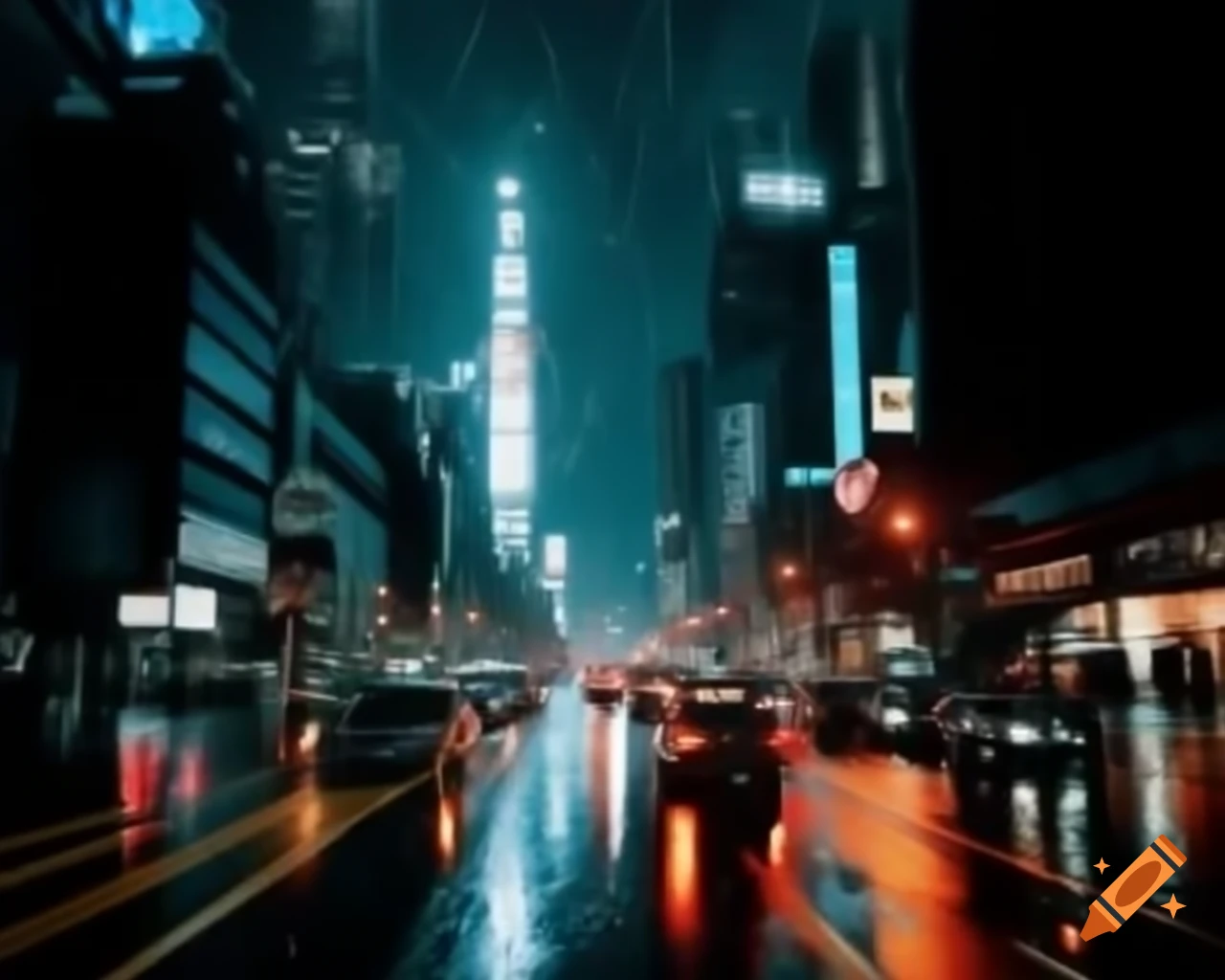 Cinematic night cityscape with neon lights and towering skyscrapers