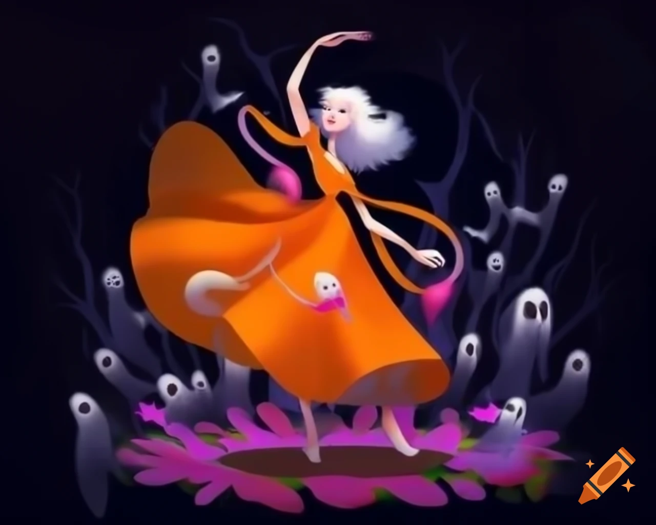 Woman in luminous orange dress dancing in a floral solarpunk setting