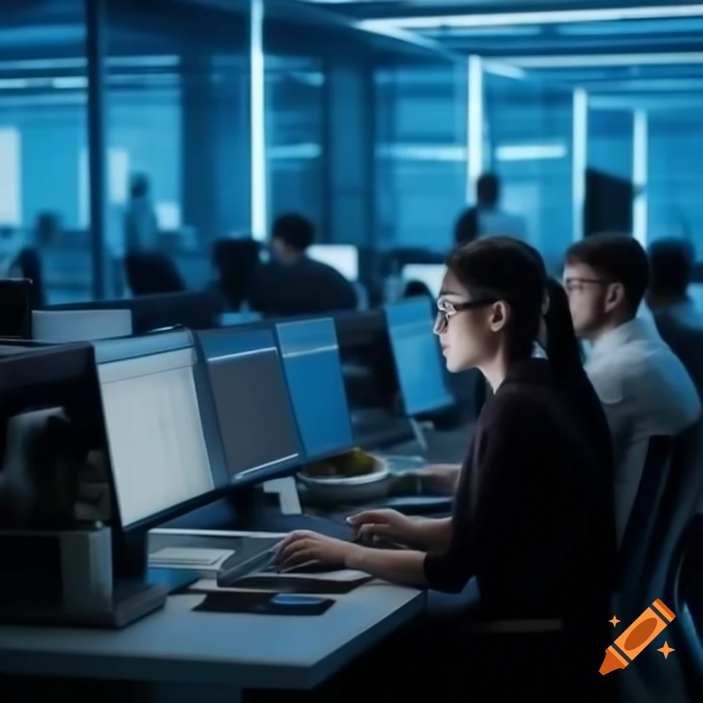 Team working on computers in corporate setting with blue brand color background