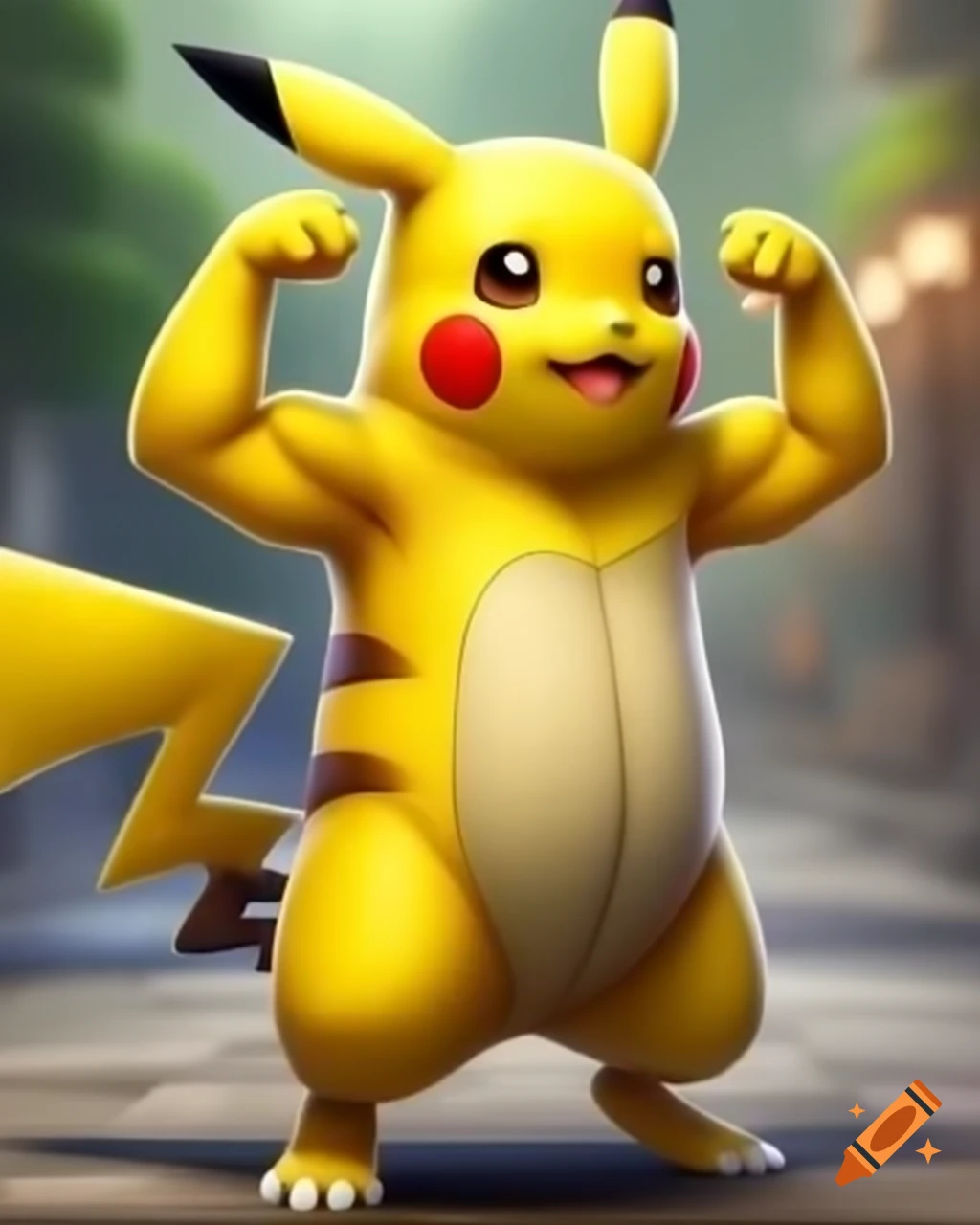 Bodybuilder Pikachu flexing muscles in full-length portrait