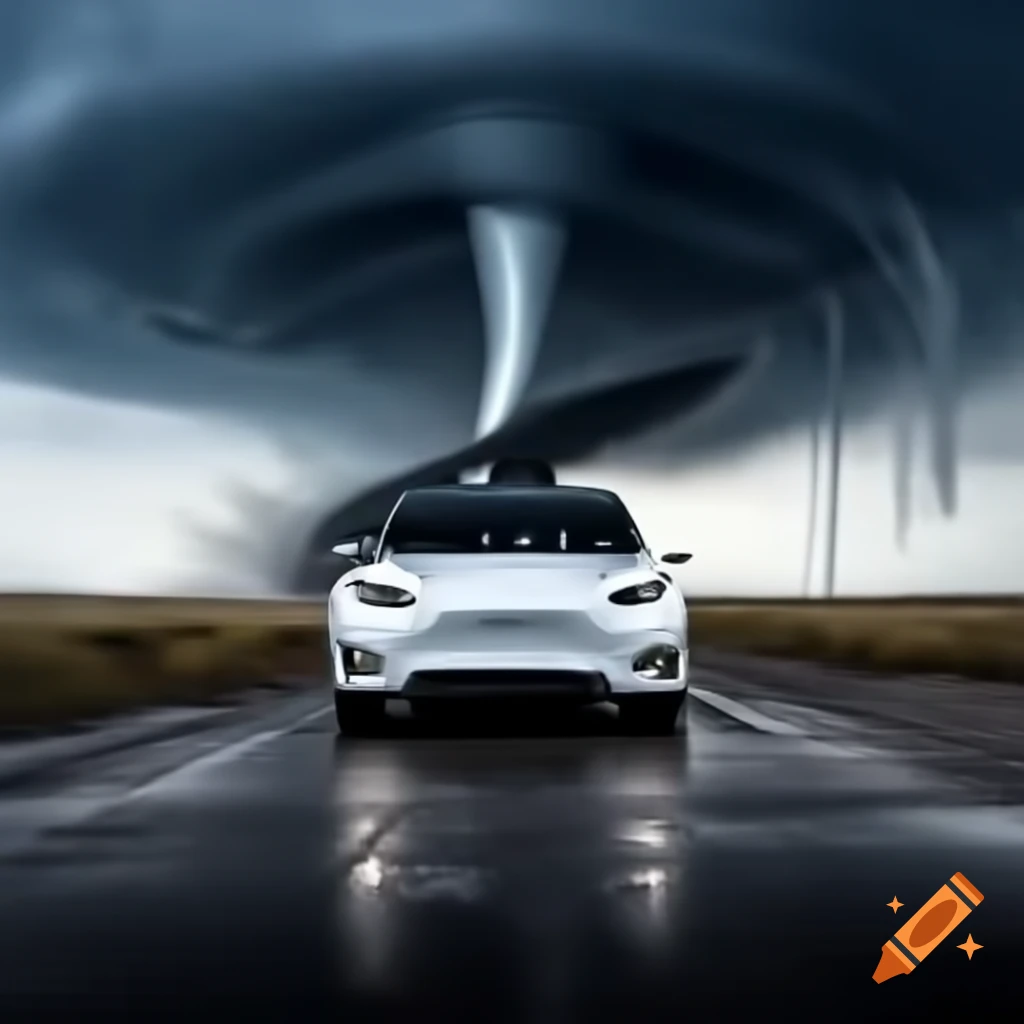 White Tesla Model Y caught in a tornado