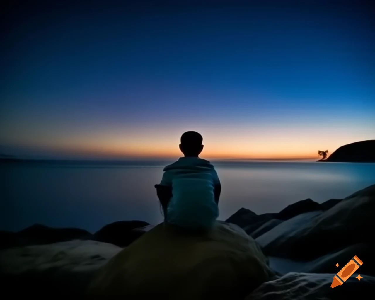 Boy sitting on shore looking at evening starry sky