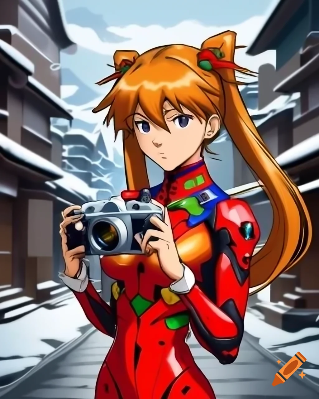 Asuka Langley cosplay actress in snowy Japanese town, holding Polaroid camera