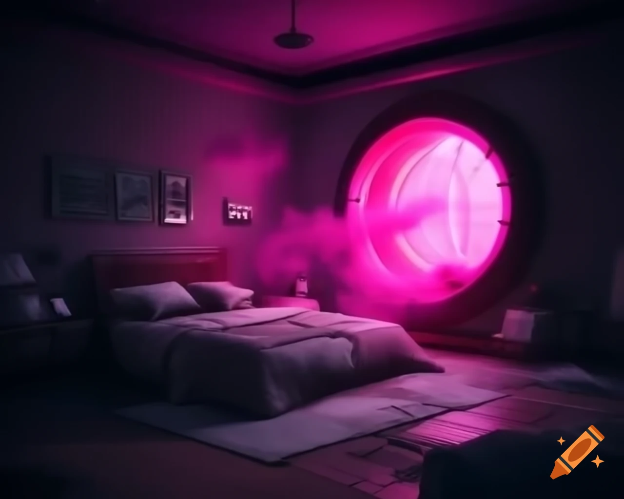 Bedroom with portal to pink dimension and pink smoke