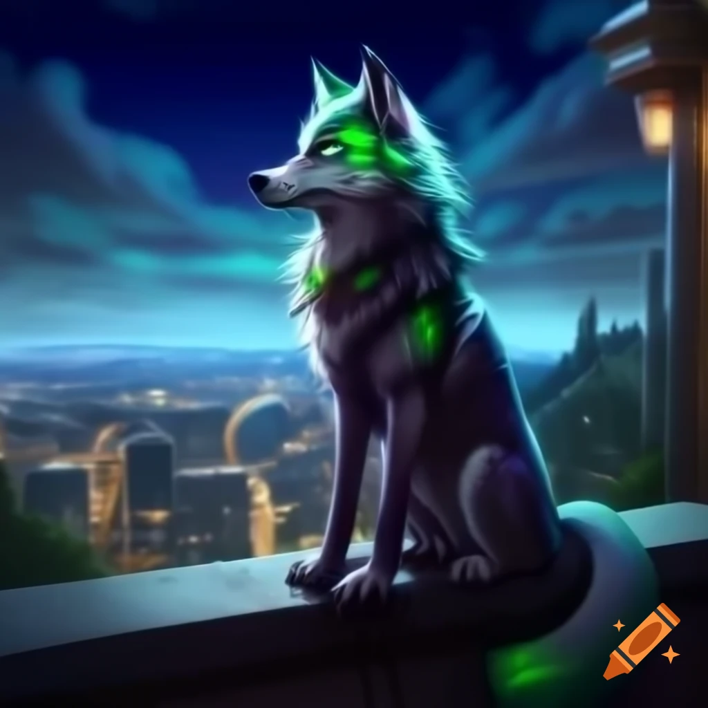 Anthropomorphic female wolf with green and purple hair at night overlooking a city