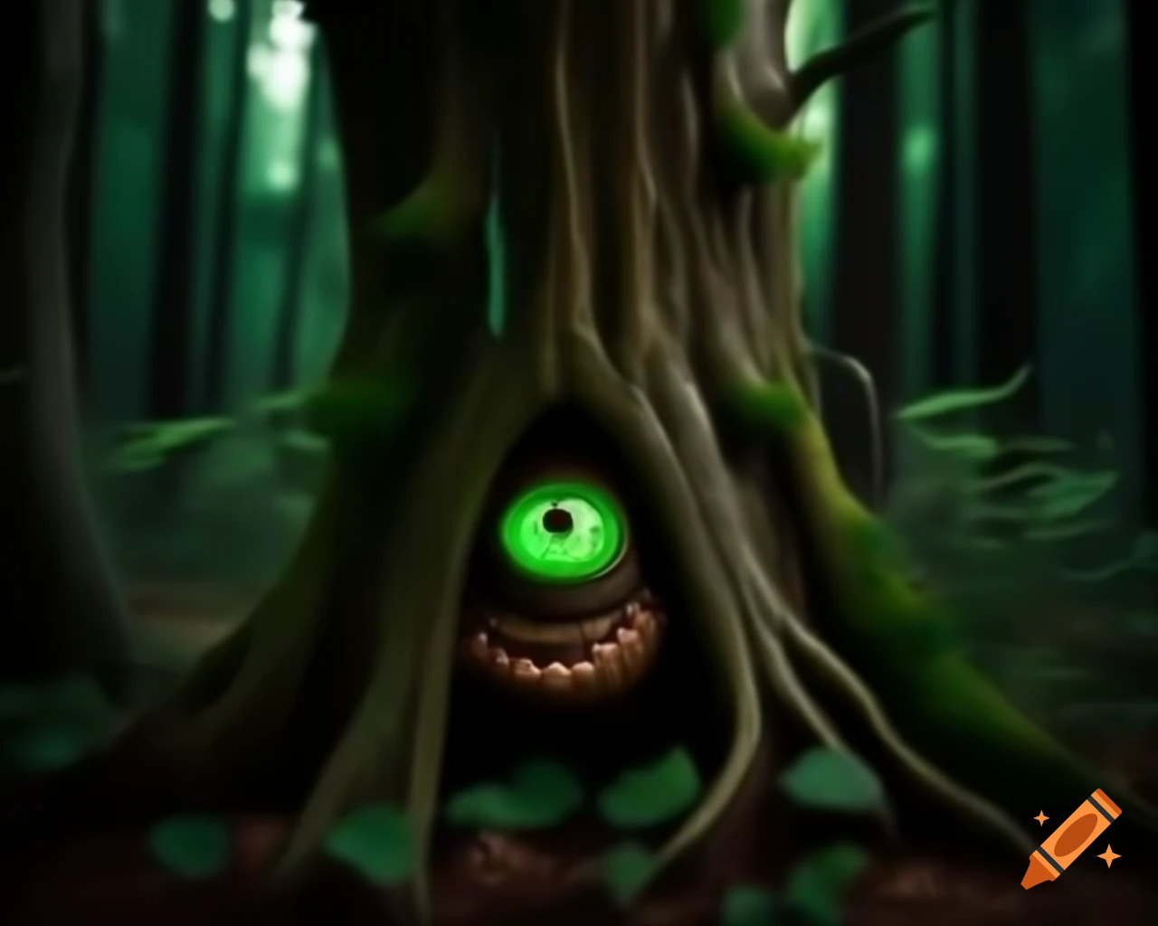 3D CGI anime tree monster with humanoid face and trees growing on its body