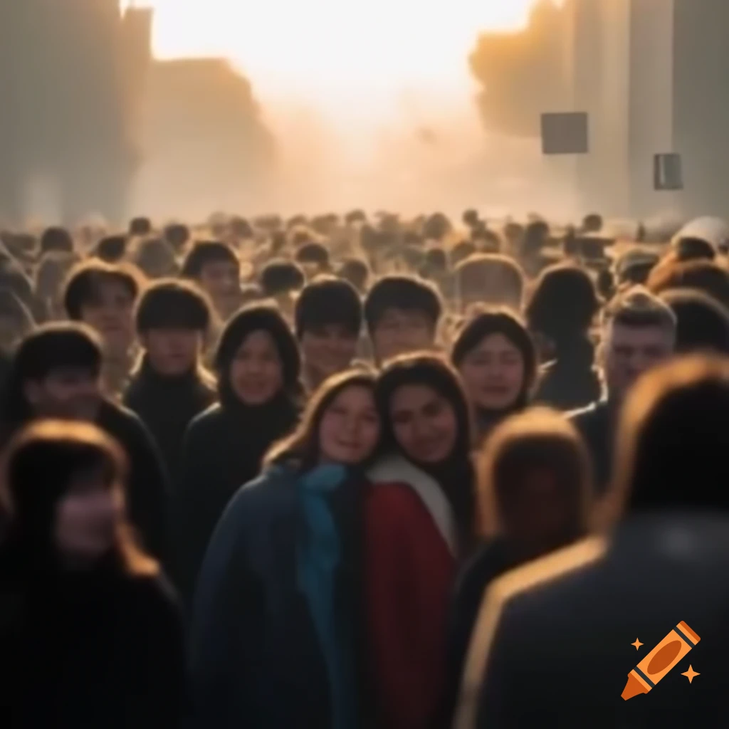 Crowd of people in subtle city during sunrise with brown and red tones