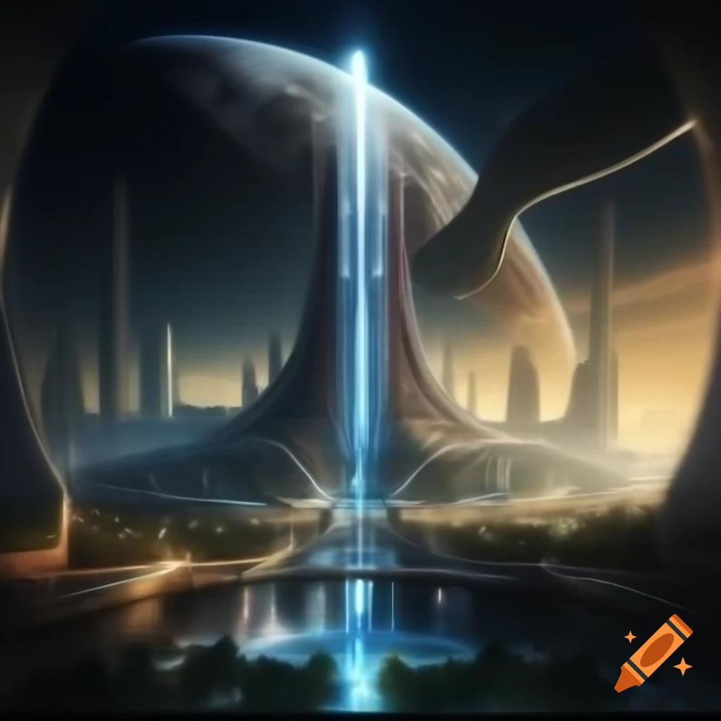 Futuristic alien cityscape with towering spires and floating platforms