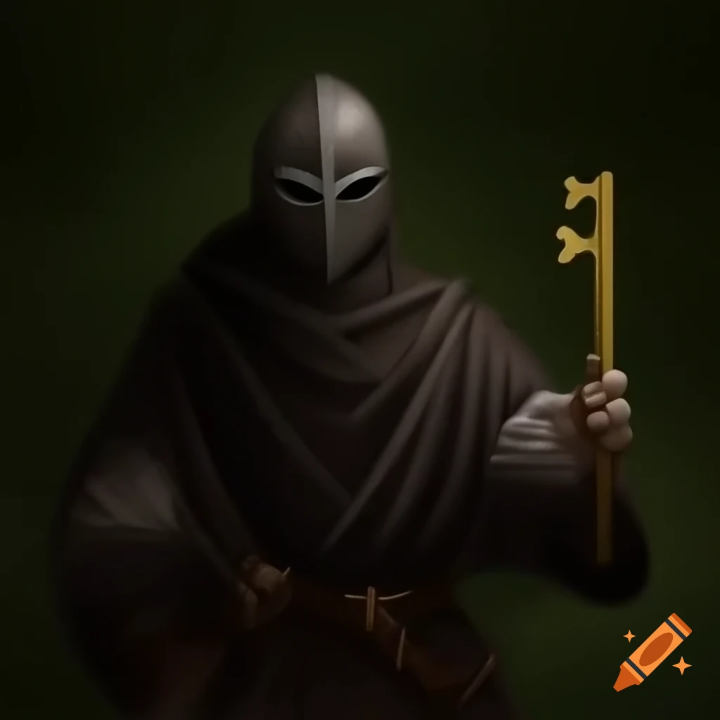 Dark medieval bandit in woods holding golden key and wooden box