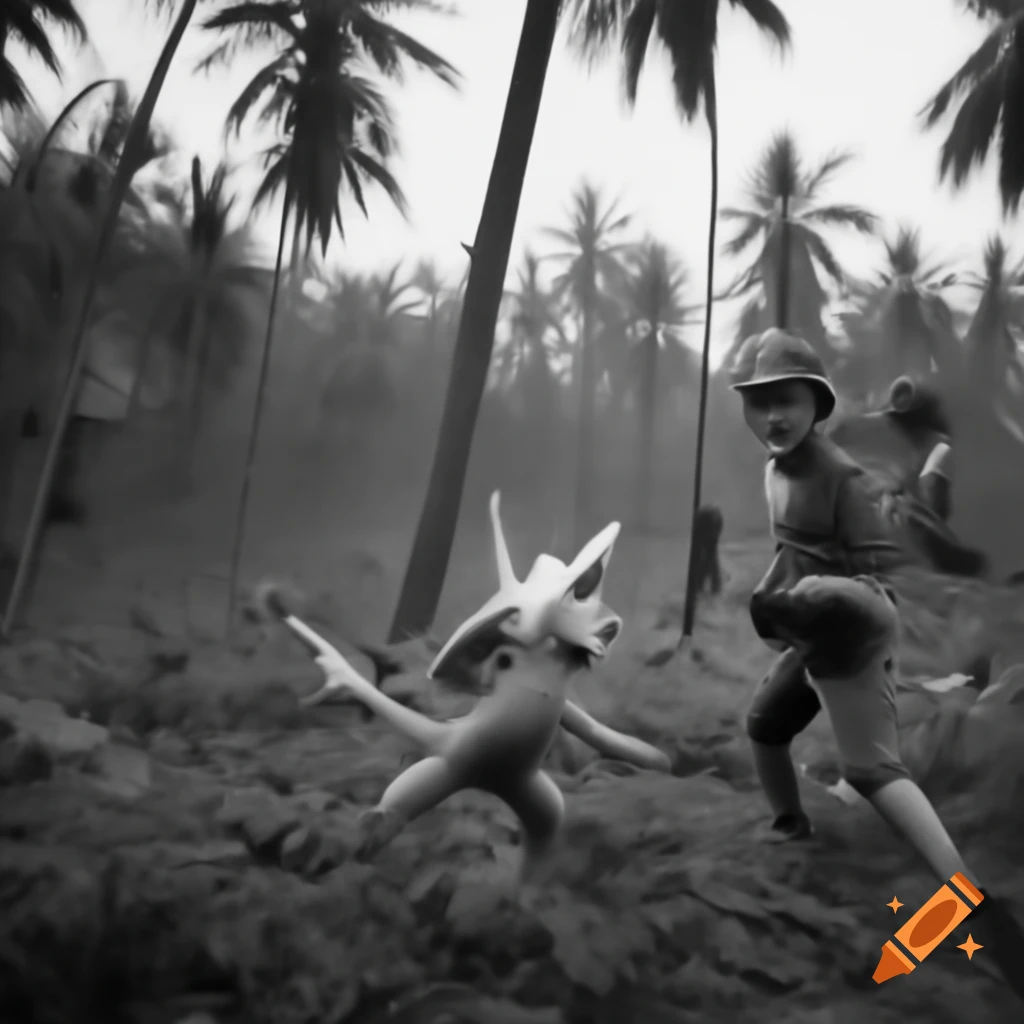 Pokémon in fictional battle scenario set in Vietnam war jungle, 1960s style